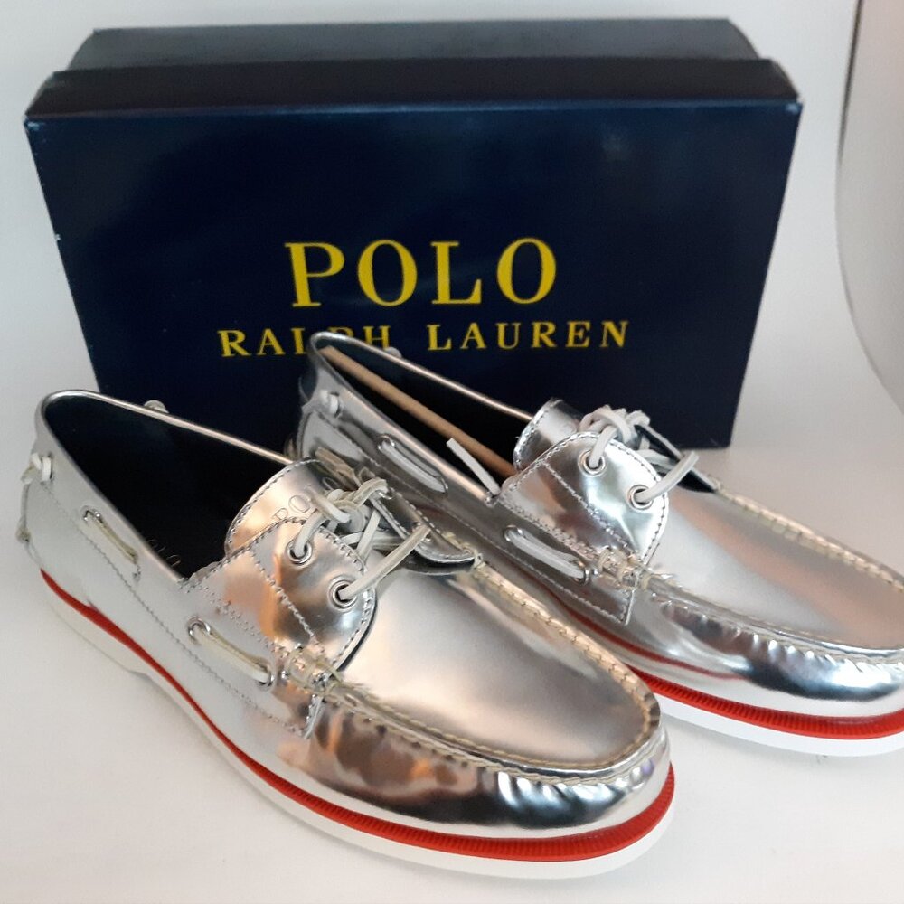 Polo Ralph Lauren Silver Boat Shoes Merton Size 10 D NEW New in Box
